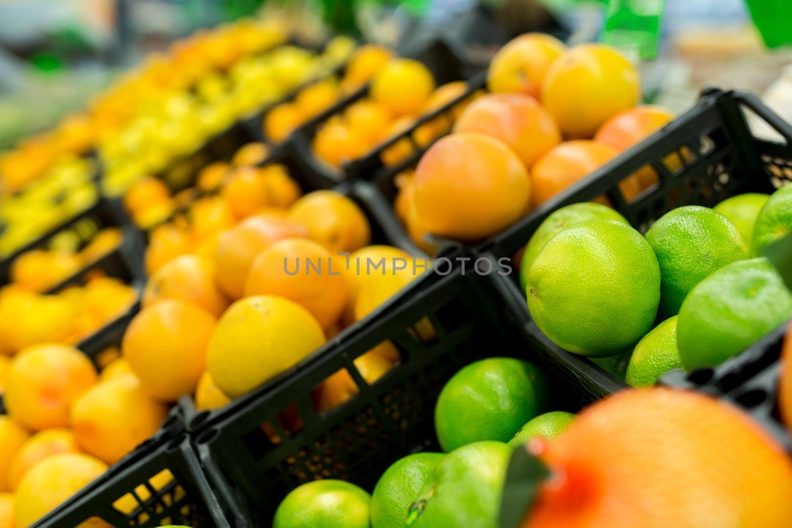 Fresh citrus are on the shelf in the store. a variety of citrus fruits. oranges, tangerines, lime, lemons. supermarket. by StudioPeace