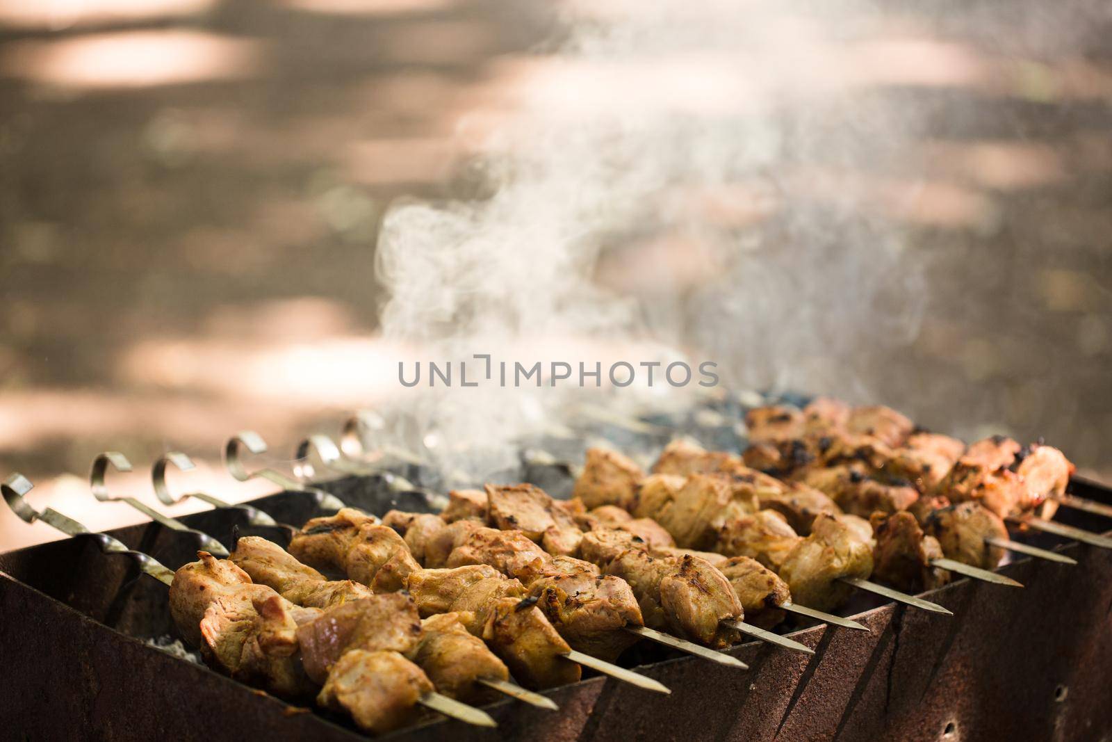 Marinated shashlik preparing on a barbecue grill over charcoal. Shashlik or Shish kebab popular in Eastern Europe. Shashlyk skewered meat was originally made of lamb. Roast Beef Kebabs On BBQ Grill. by StudioPeace