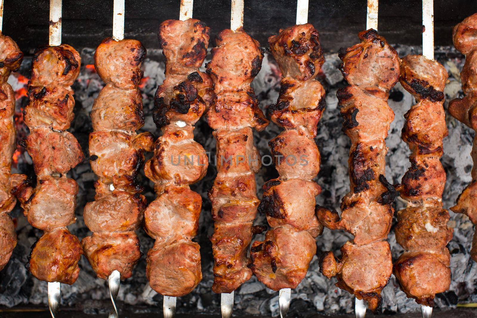 Meat roasted on fire barbecue kebabs on the grill. by StudioPeace