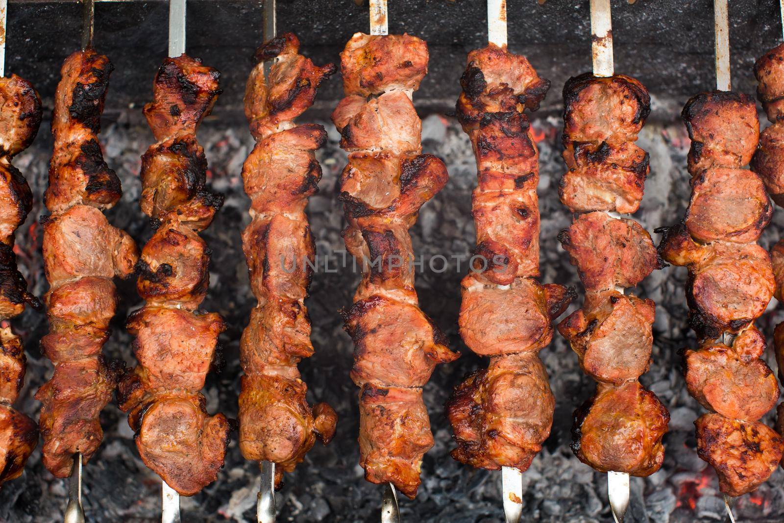 Meat roasted on fire barbecue kebabs on the grill. by StudioPeace