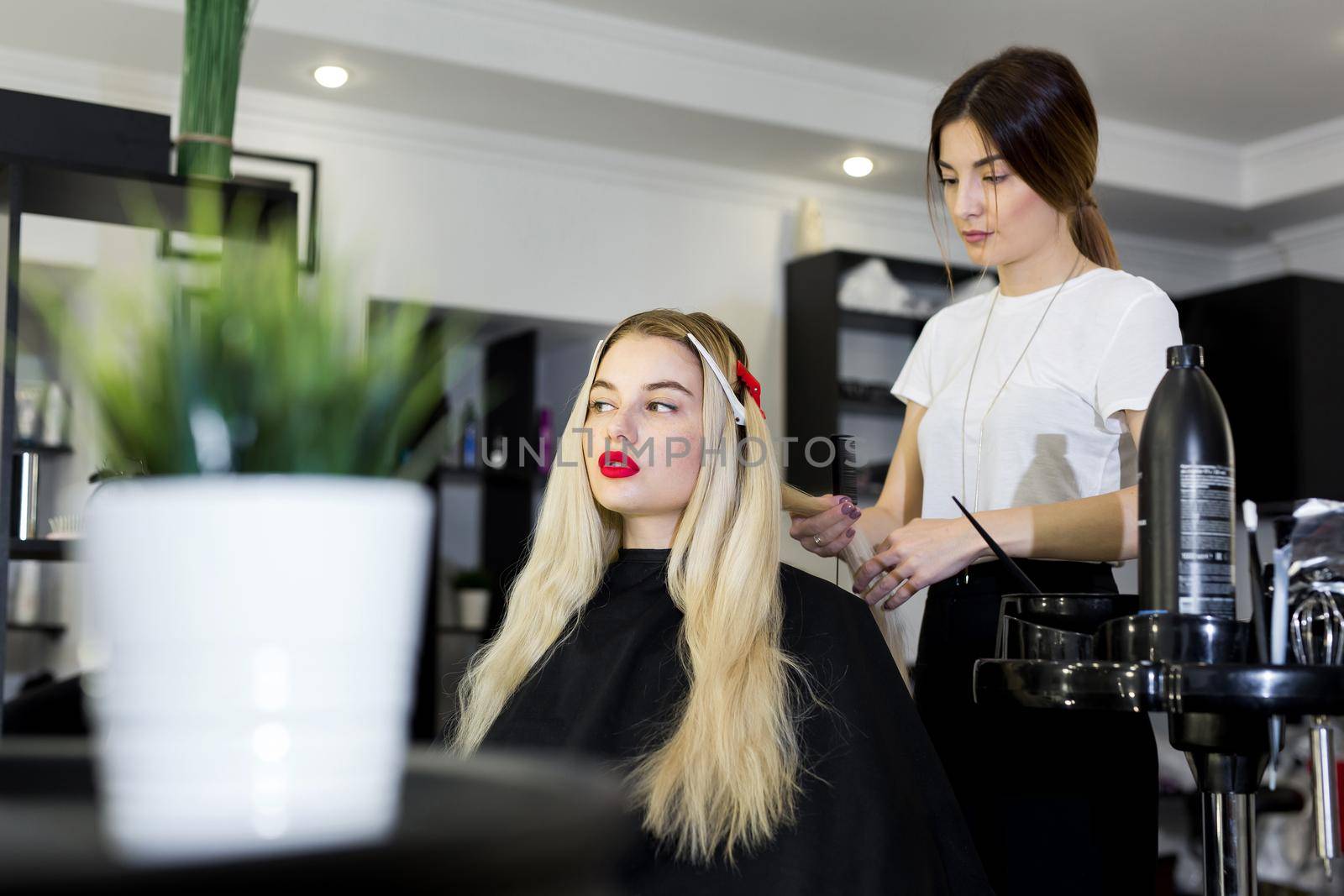 Process of dyeing hair at beauty salon. by StudioPeace