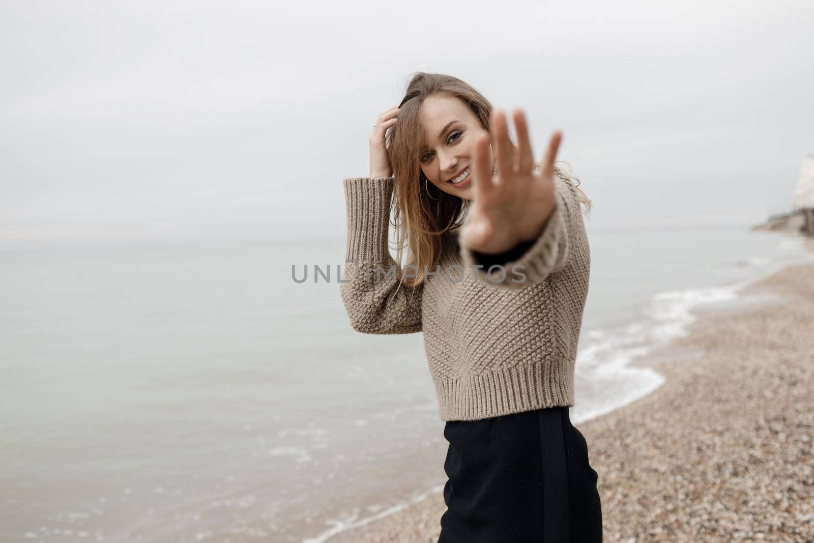 portrait young happy woman outdoor. High quality photo