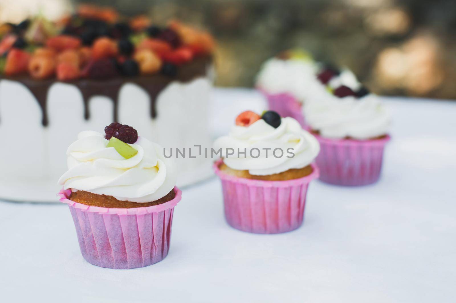 Delicious fruit cake with cupcakes for a happy birthday