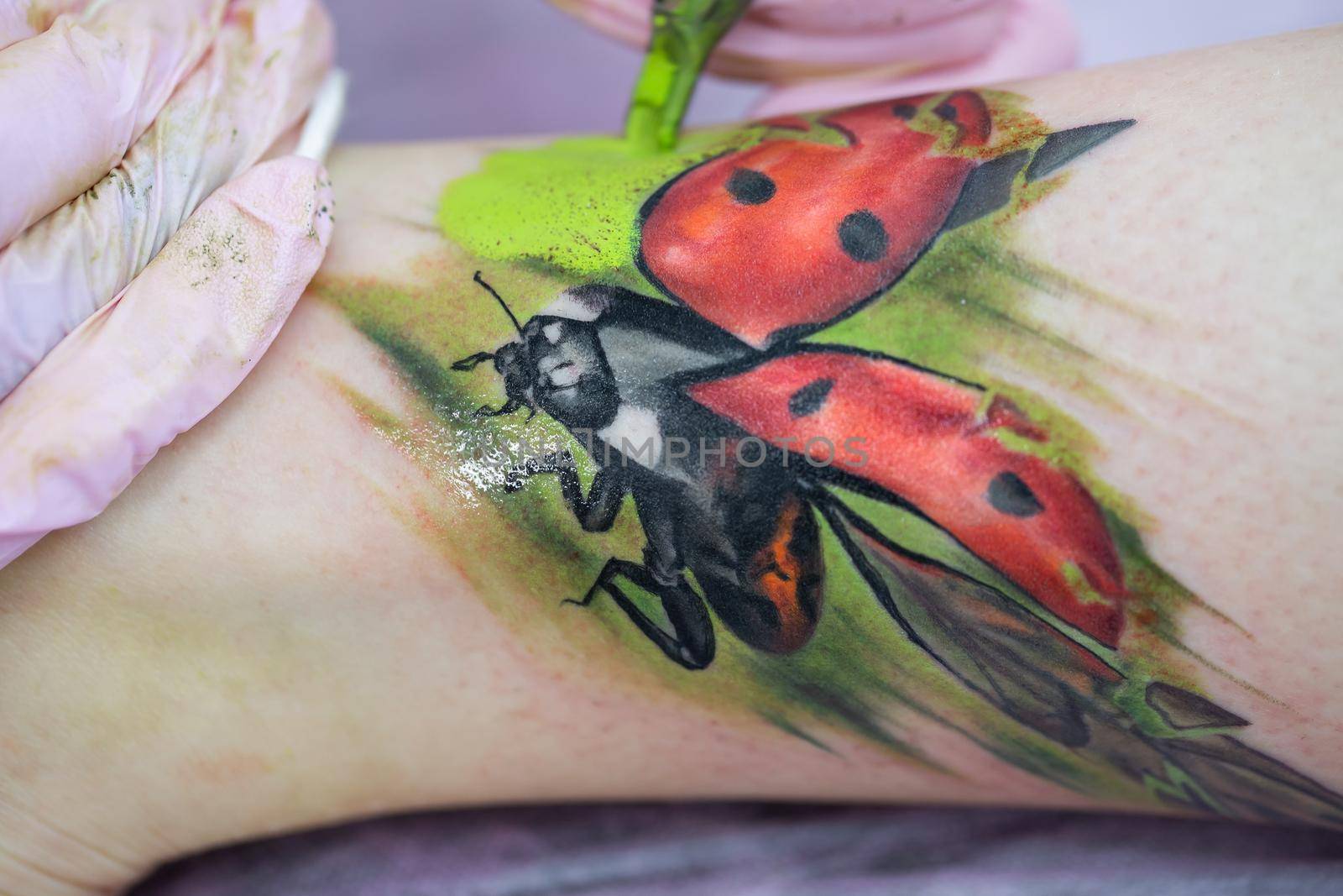 Close-up of a female artist making a color tattoo on the leg of a young girl. Tattoo artist stuffs a ladybug on a girl's leg, tattoo for a girl. by StudioPeace