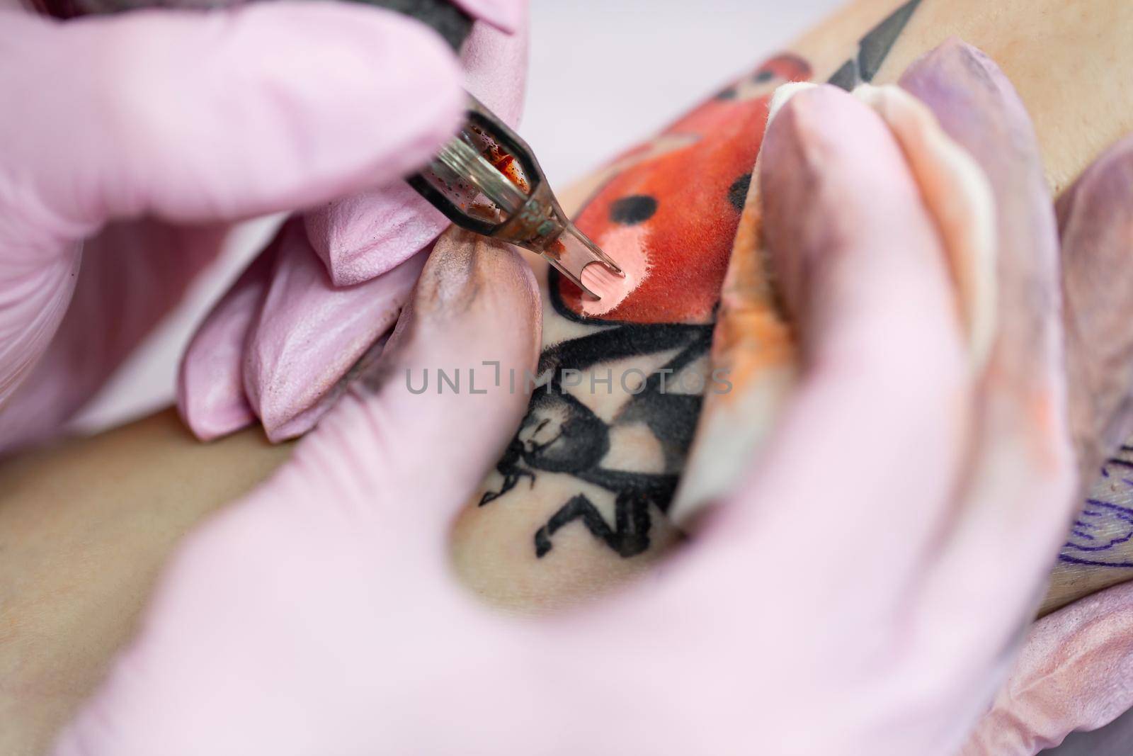 Close-up of a tattoo artist doing a tattoo on the leg of a young girl in the salon. Professional tattooist doing tattooing in studio. by StudioPeace