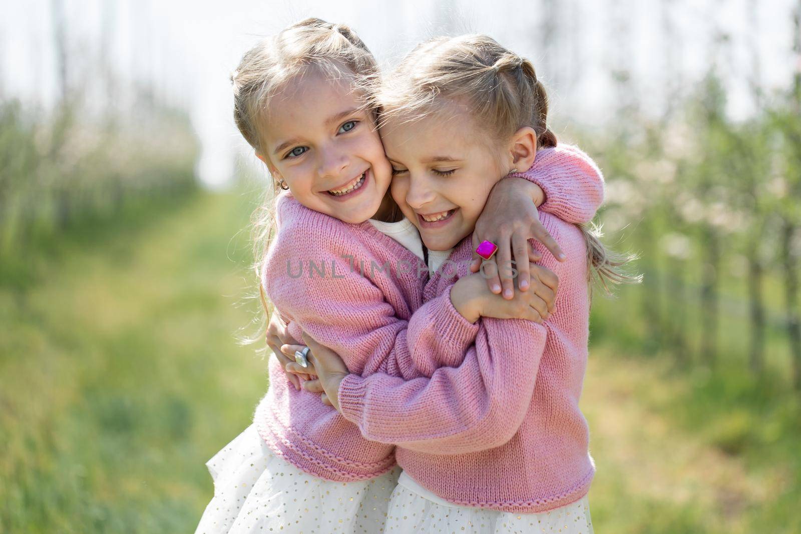 Happy two twin sisters are hugging against the background of a green blossoming apple orchard.