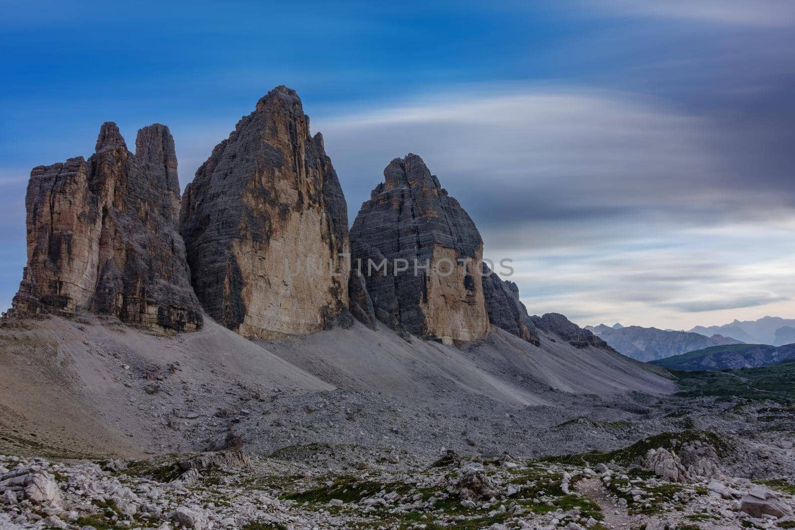 Dusk time at Tre Cime di Lavaredo in Dolomites, ultra long exposure