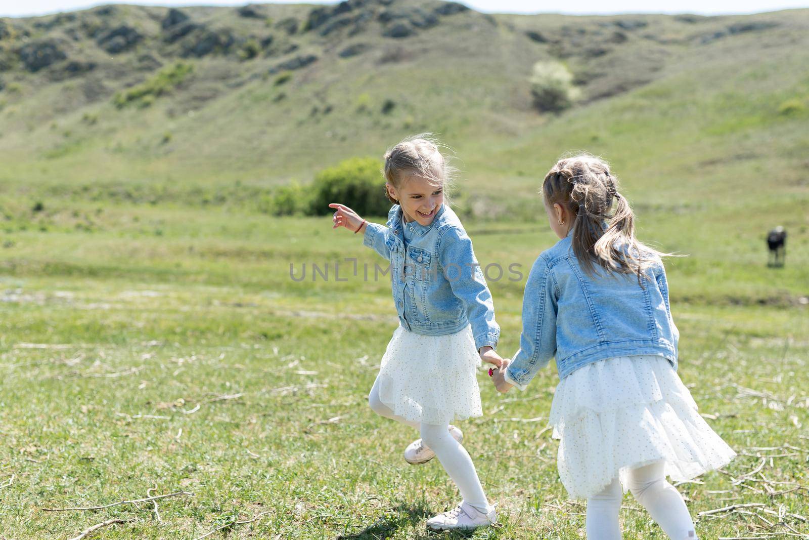 Two little twin sisters run and spin in the meadow by StudioPeace