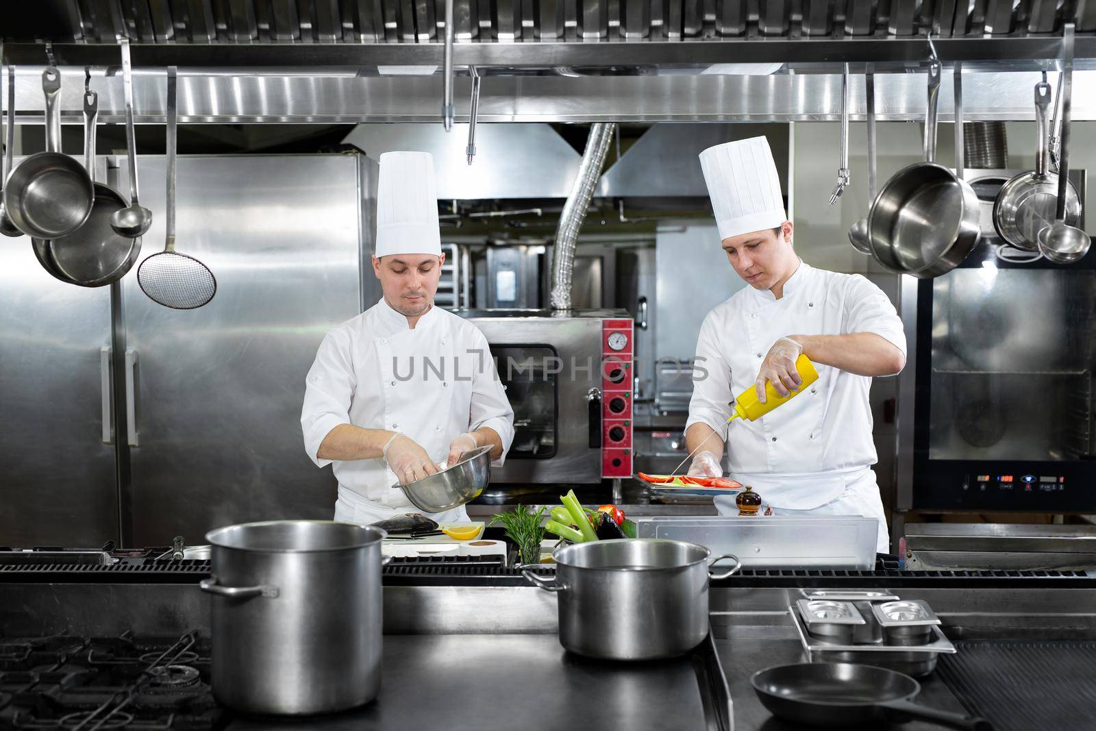 Chefs prepare delicious dishes in the kitchen by StudioPeace