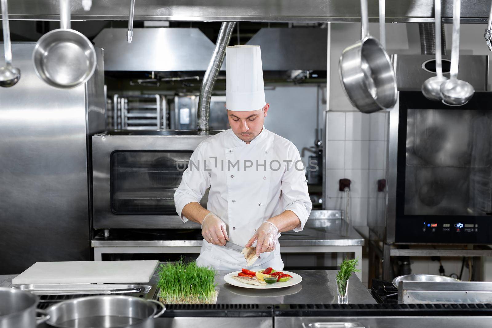 Male chef garnishing food in the kitchen. by StudioPeace