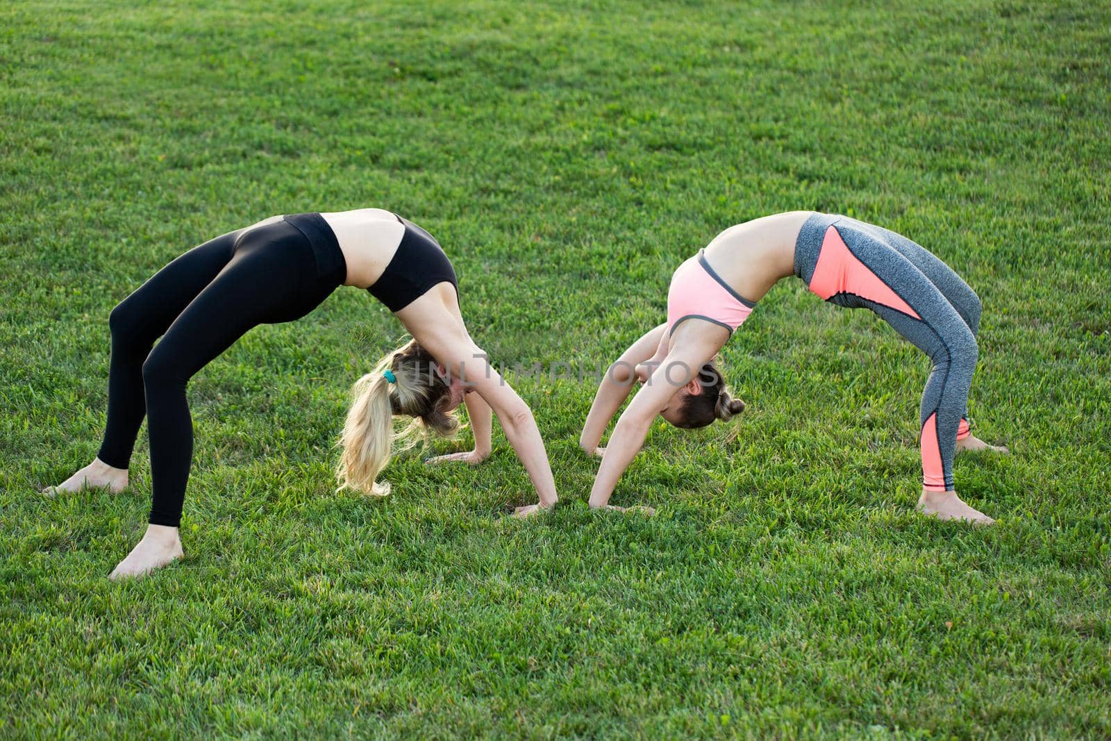 Girlfriends practice yoga in the park on the grass