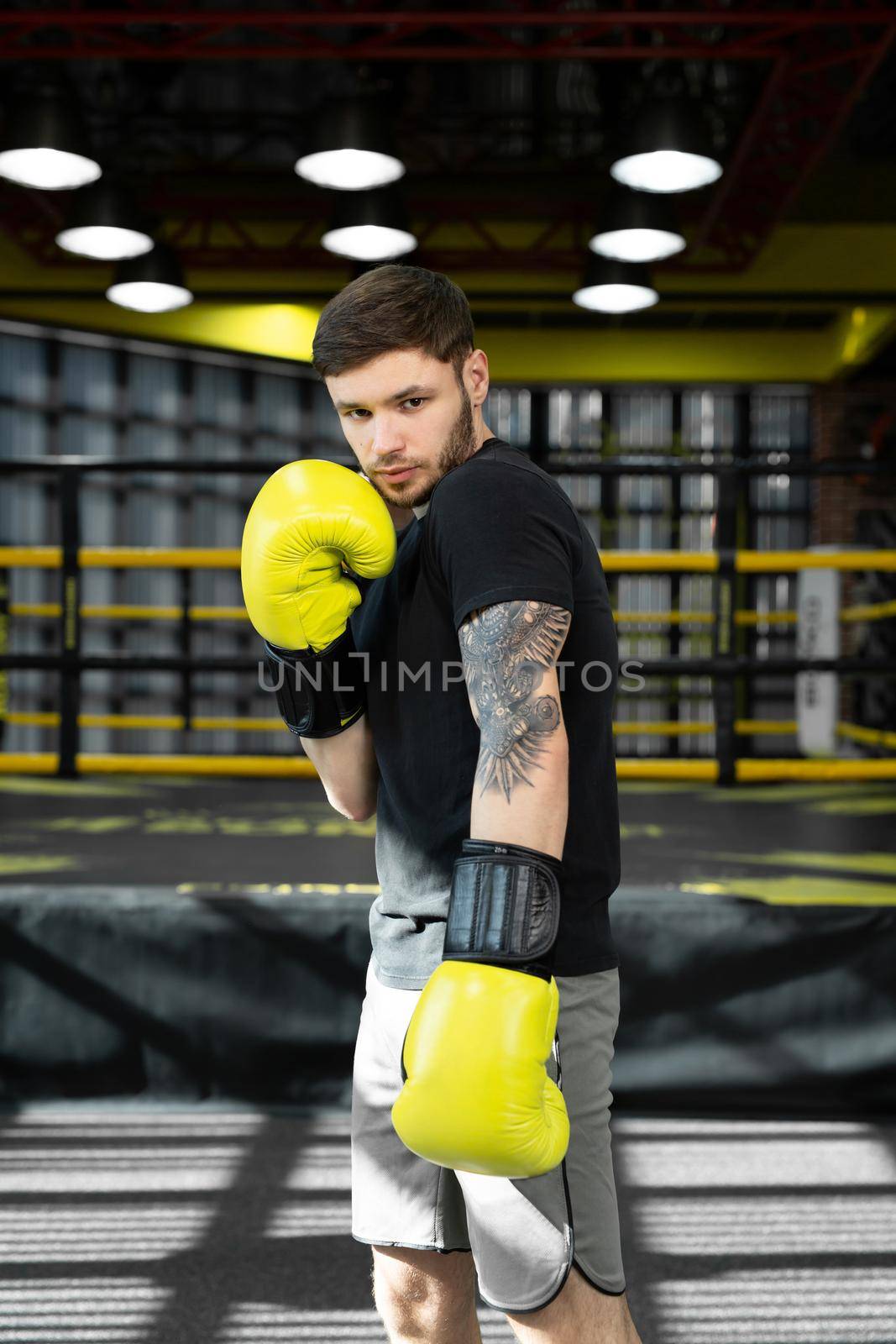 Collected sportsman in the boxing hall practicing boxing punches during training. by StudioPeace