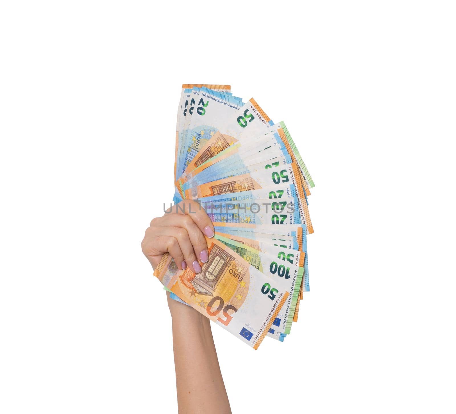 Woman hand with euro cash money banknotes isolated on white background. High quality photo