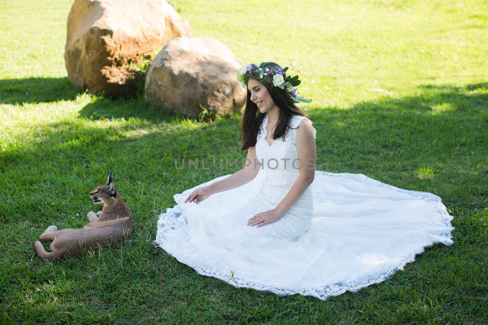 A bride in a white dress with a live trot on a green lawn.