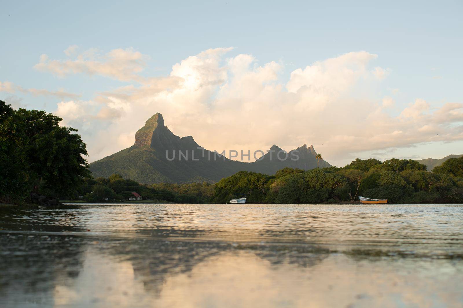 Rempart and Mamelles peaks, from Tamarin Bay where the Indian Ocean meets the river, Tamarin, Black River District, Mauritius. by StudioPeace