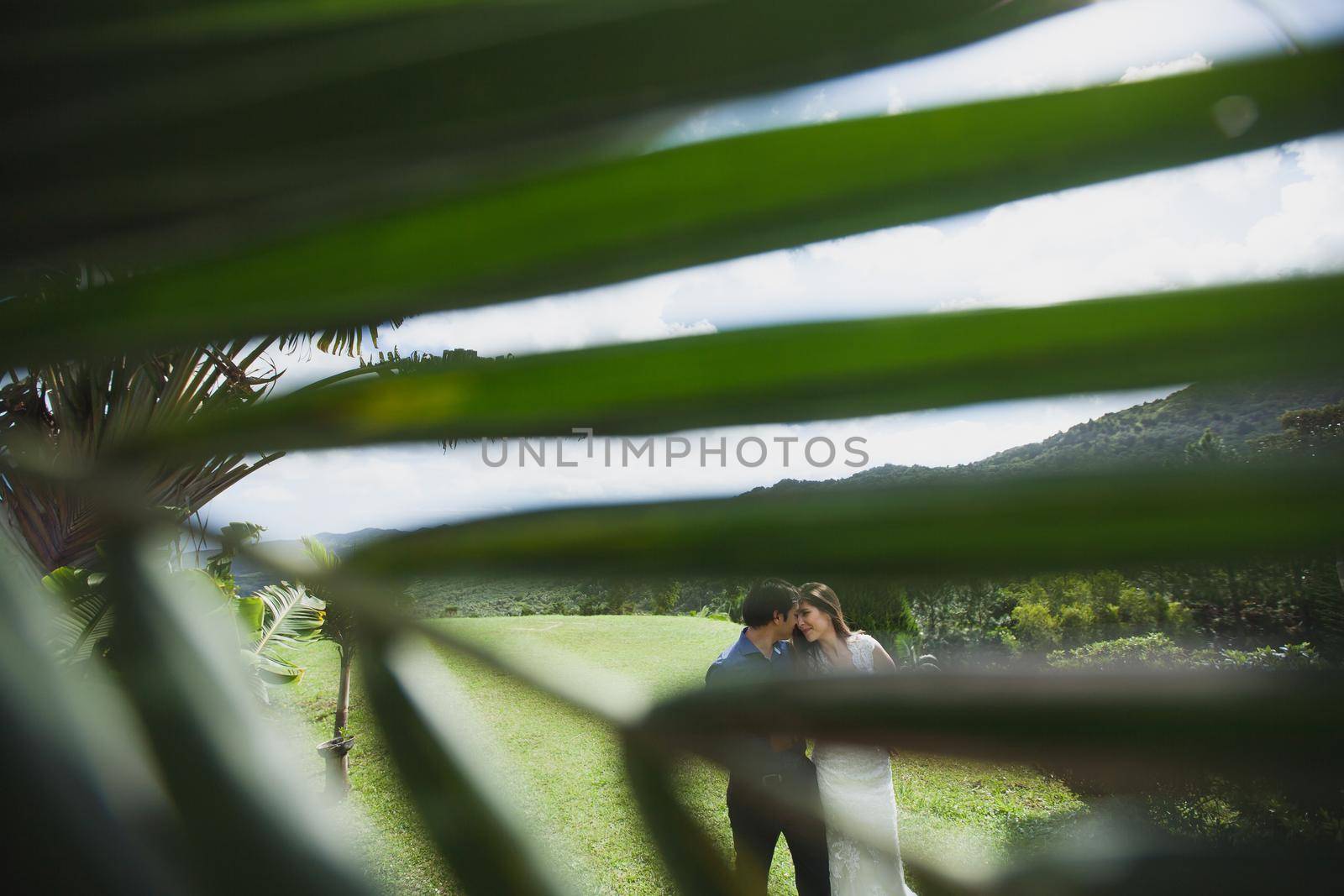 young loving happy couple on tropical island with palm trees. by StudioPeace