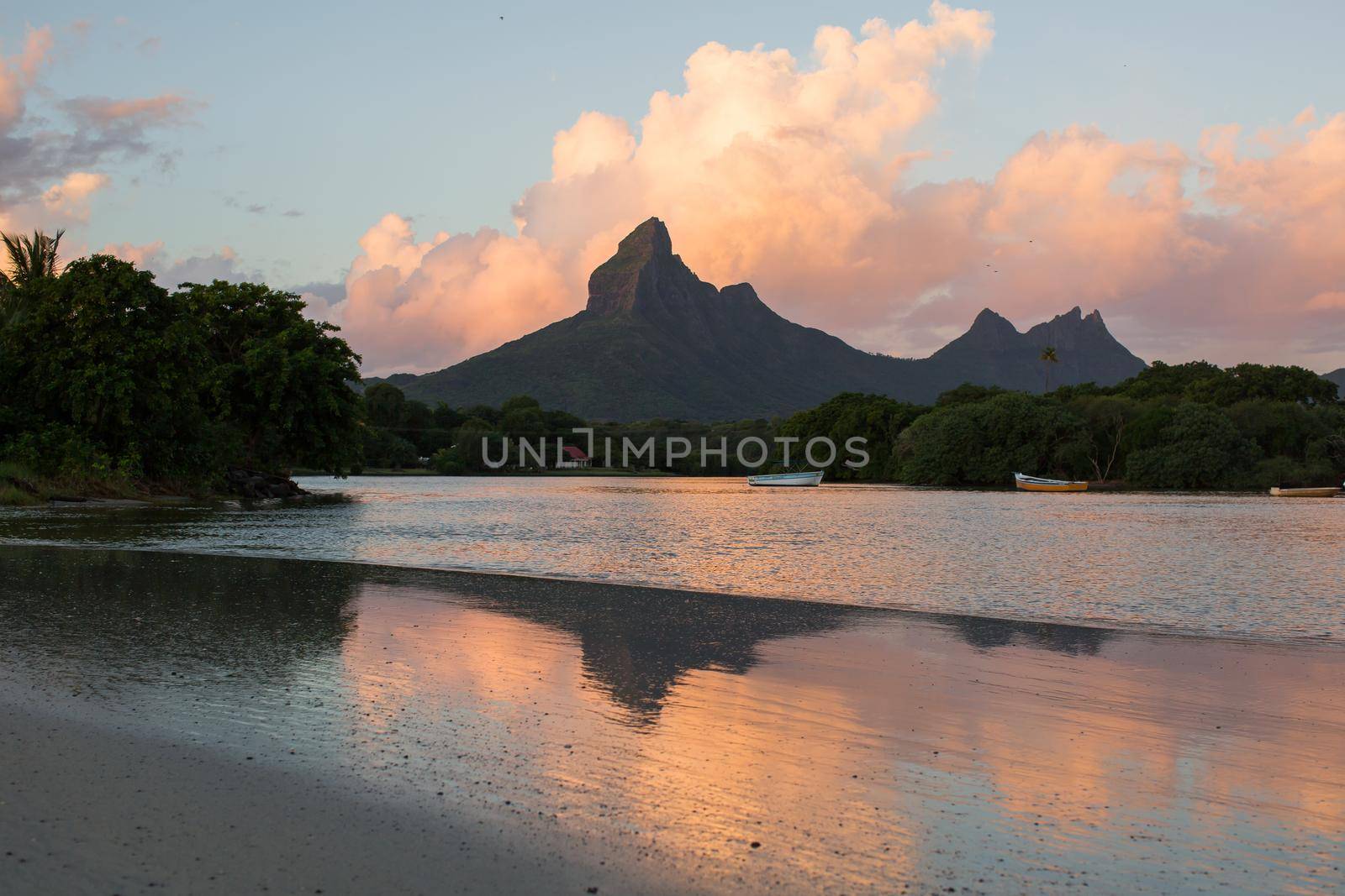 Rempart and Mamelles peaks, from Tamarin Bay where the Indian Ocean meets the river, Tamarin, Black River District, Mauritius. by StudioPeace