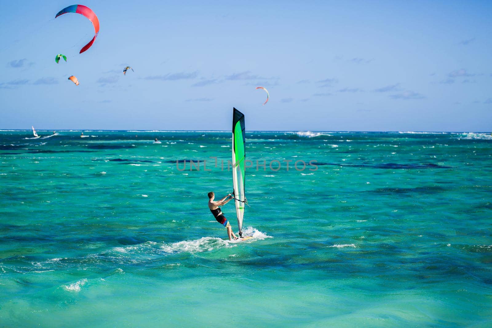 Windsurfers on the Le Morne beach in Mauritius