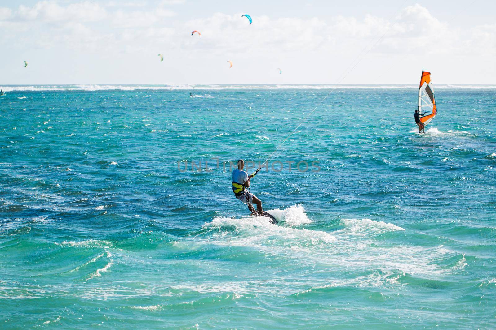 Kitesurfers on the Le Morne beach in Mauritius