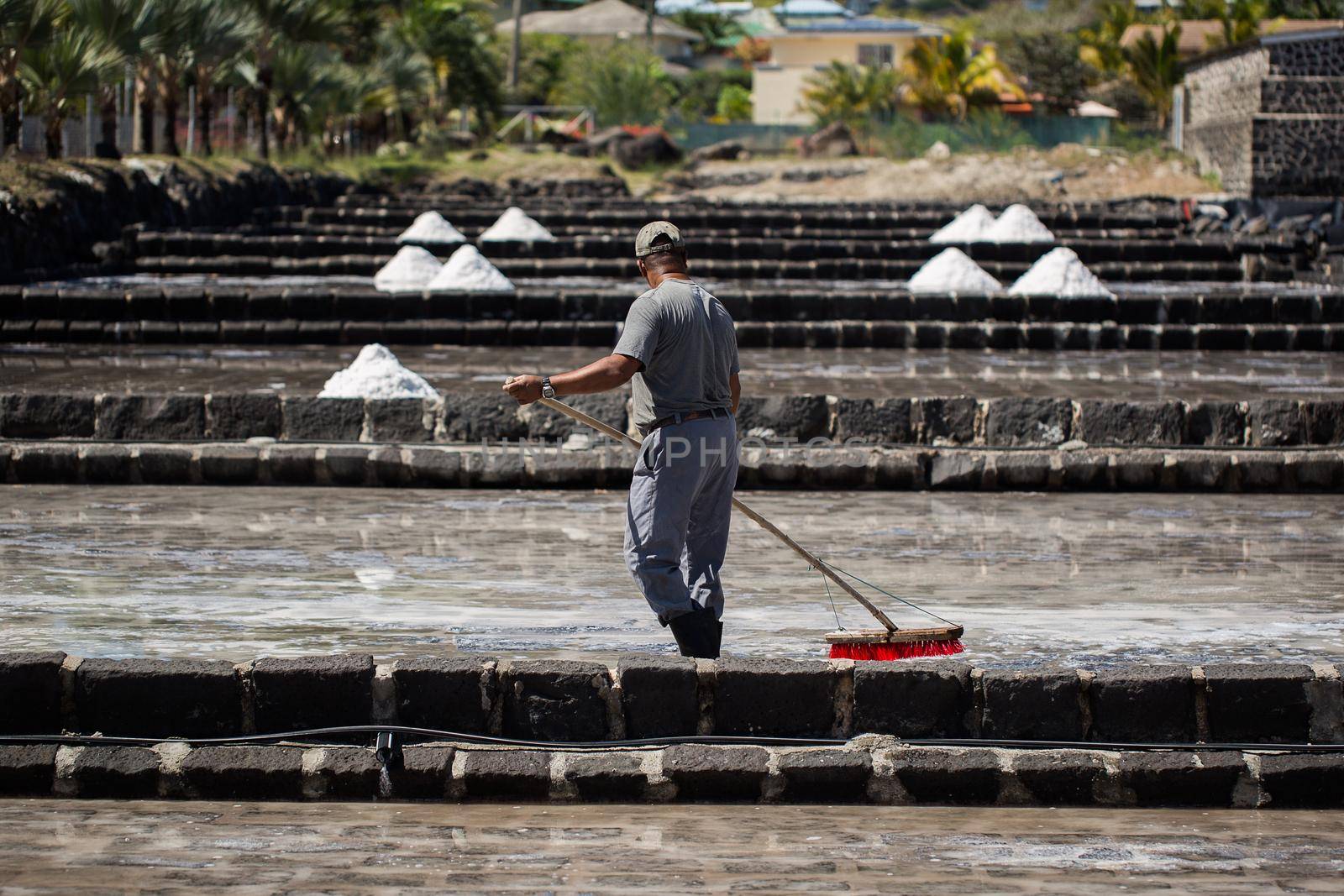 People collect the salt on a Sunny day on the shores of the Indian ocean in Mauritius by StudioPeace