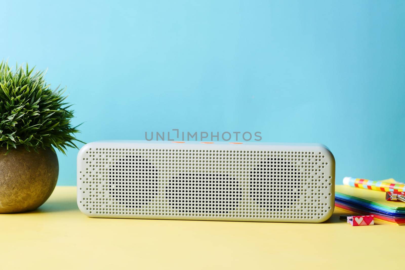 smart speaker and keyboard with copy space on white background.