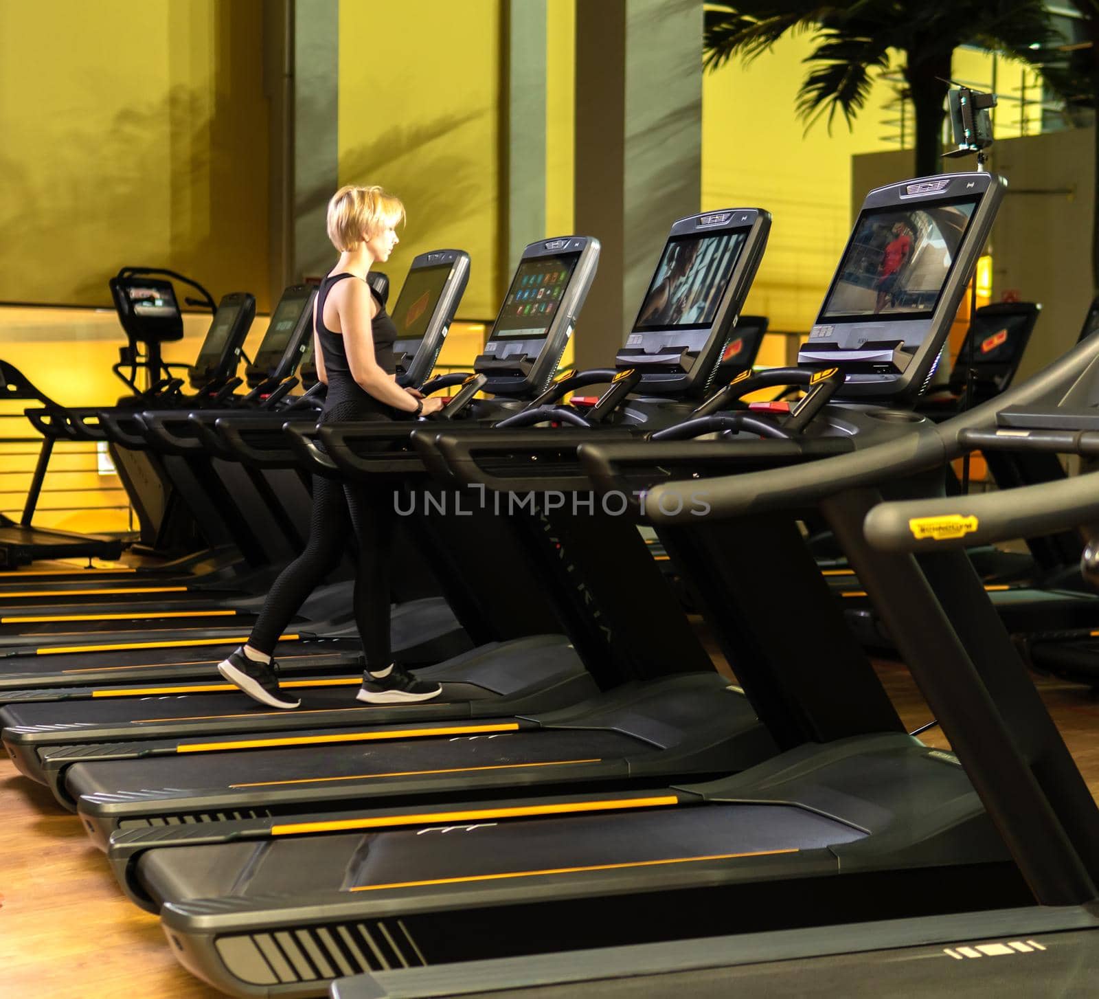 Simulator track workout active activity, in the afternoon sport person from gym runner endurance, machine running. Slim sneakers legs, action by 89167702191
