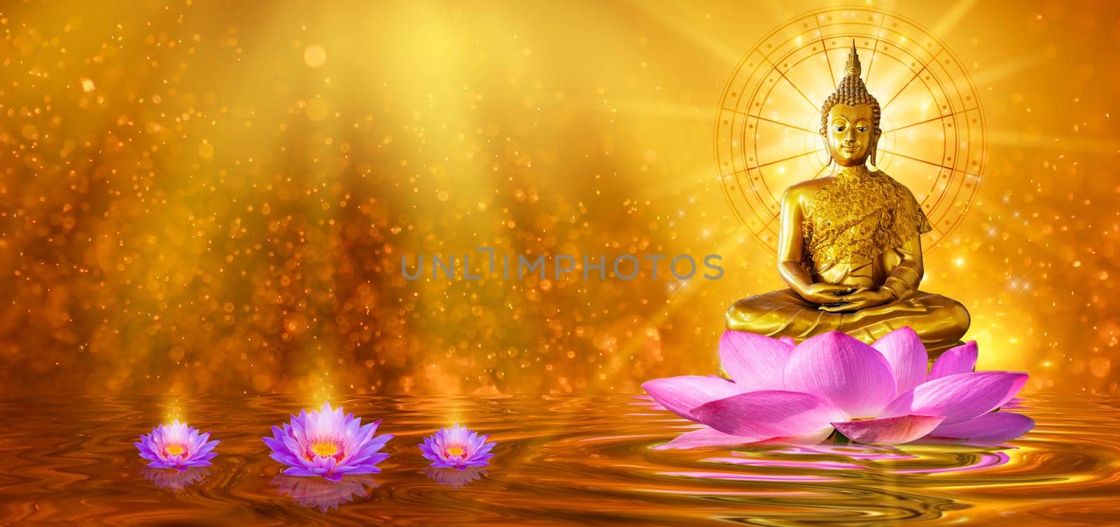 Buddha statue water lotus Buddha standing on lotus flower on orange background by sarayut_thaneerat