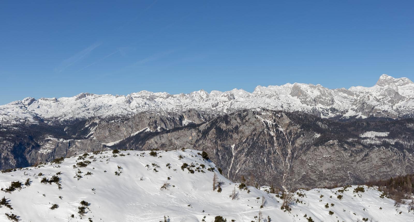 mountain peaks covered with snow over grey rocks by Chechotkin