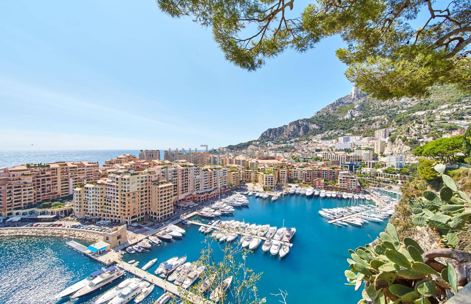 Panoramic image of Port Fontvieille - Monaco, top view from Monaco Ville, azur water, sun reflections on the water, harbour at sunny day, luxury apartments, a lot of yachts and boats, mountain. High quality photo