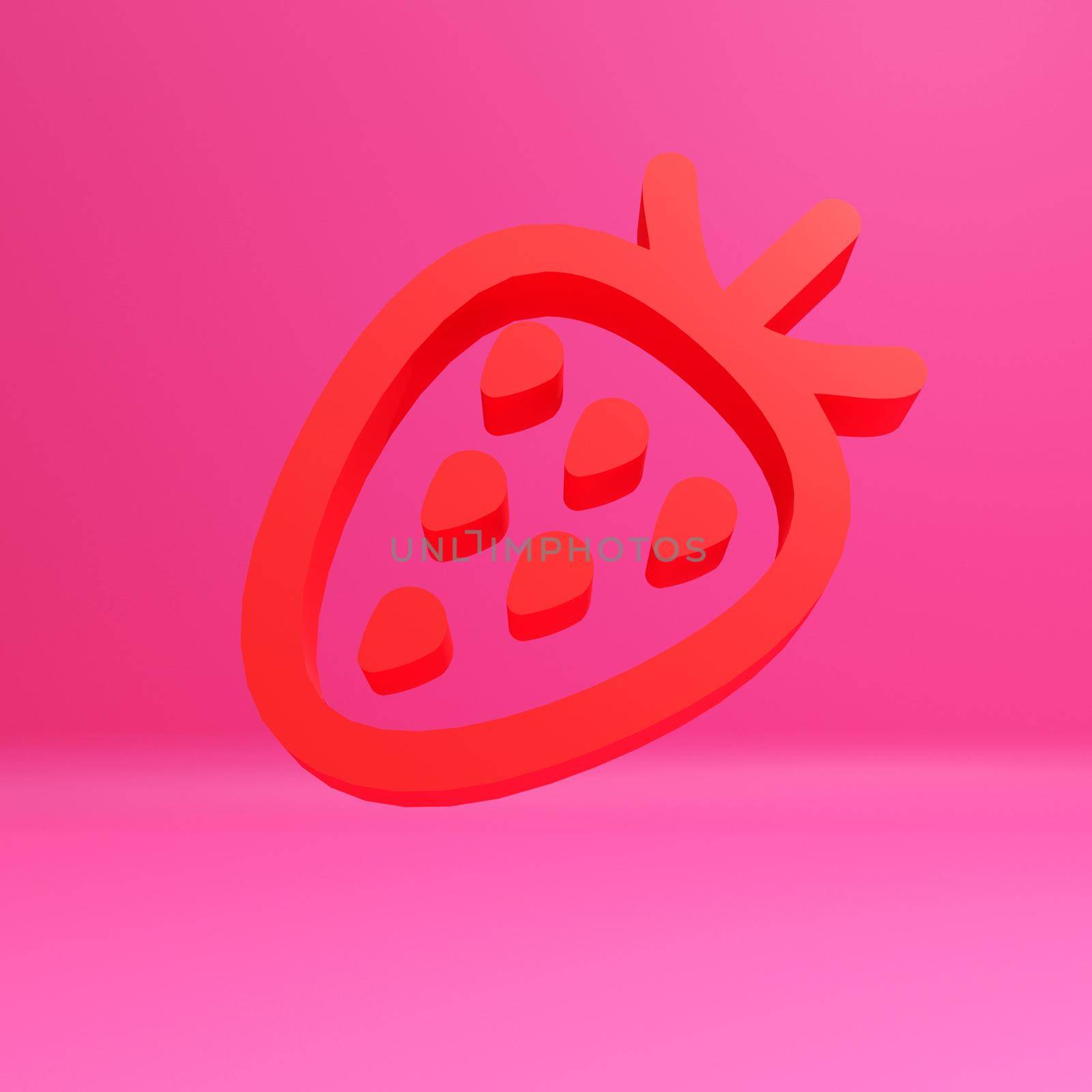 Strawberry 3d icon, isolated on pink background.