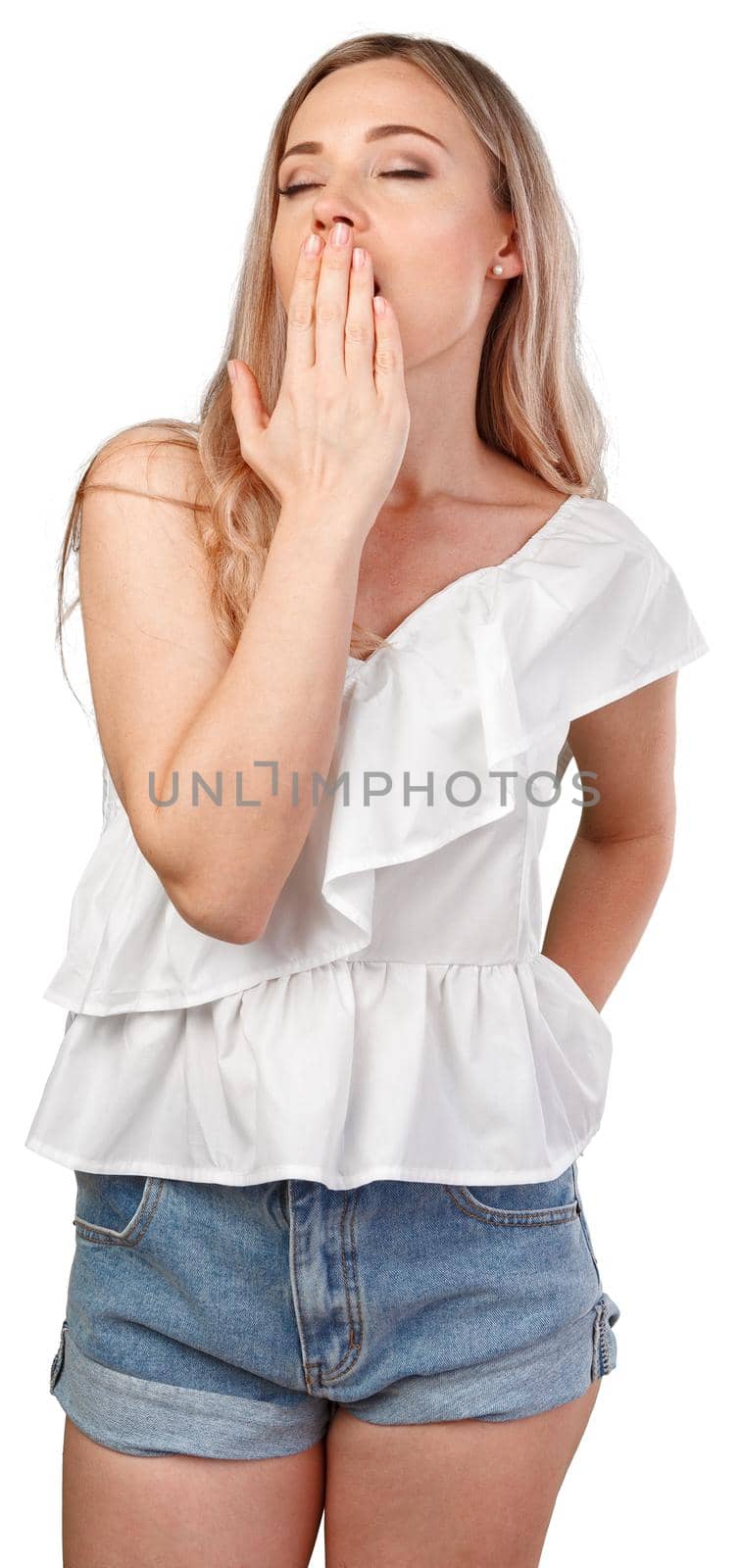Young caucasian woman posing boredom isolated on white background, close up