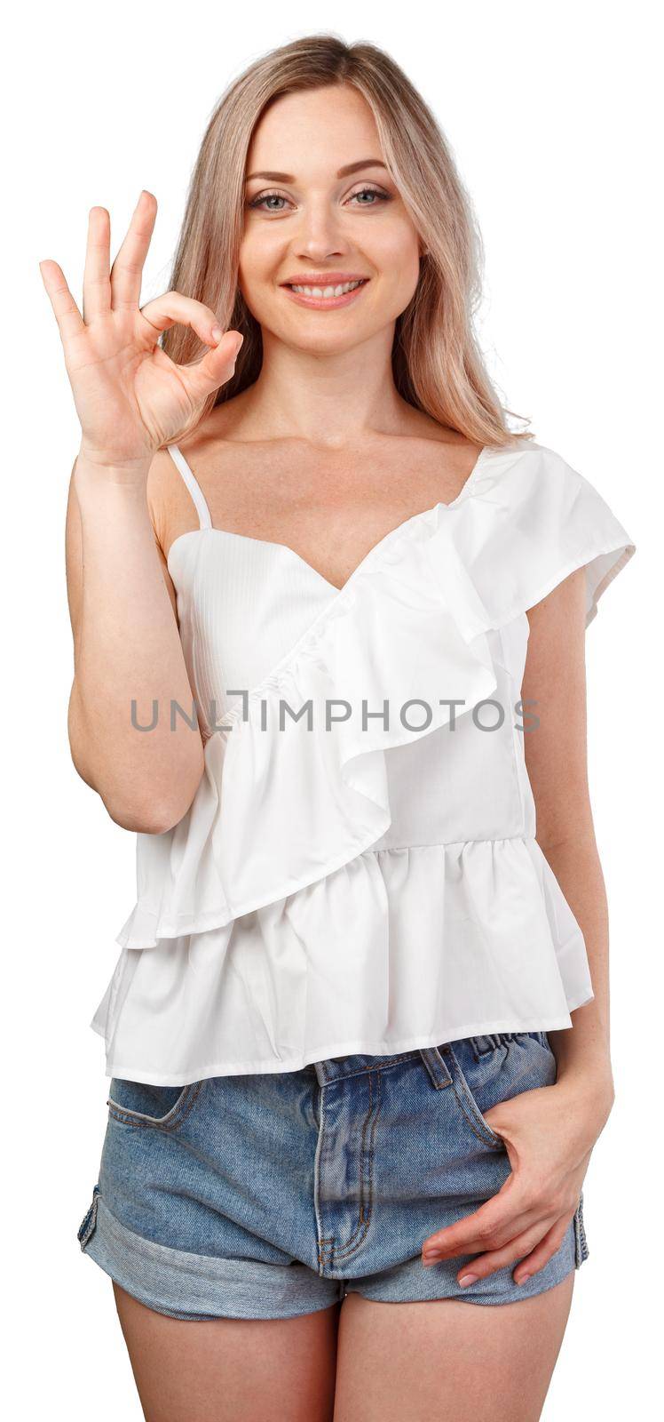 Young caucasian woman isolated on white background showing ok sign with fingers, close up