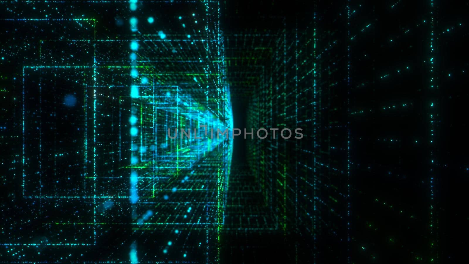 Flying into digital technologic tunnel. Technology and connection concept background. 3d illustration