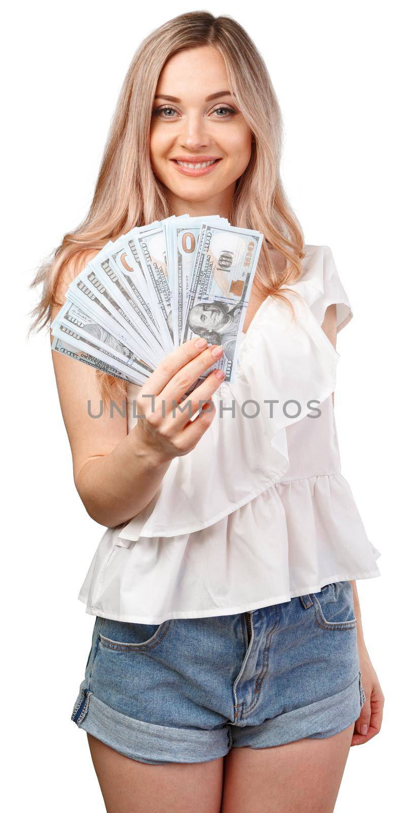 Young happy woman with dollar banknotes in hand isolated on white background, close up