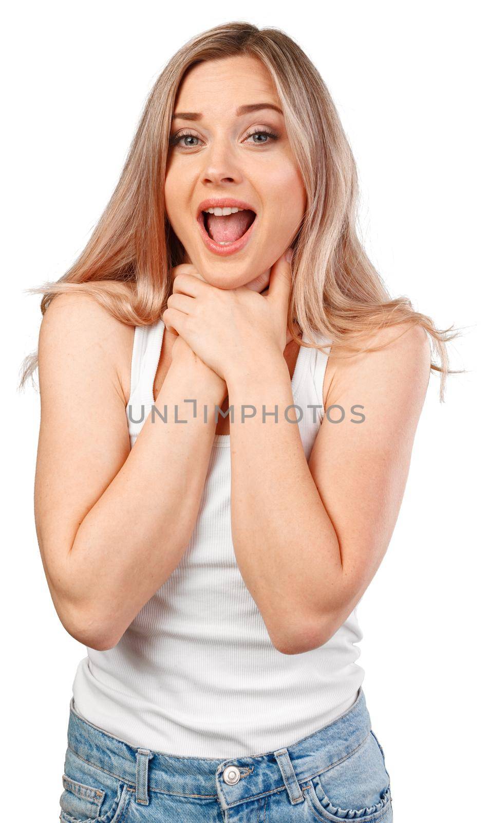Portrait of beautiful young woman has a sore throat isolated on white background