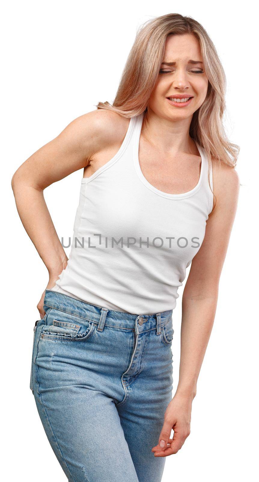 Young woman in white shirt suffering from backache isolated on white background