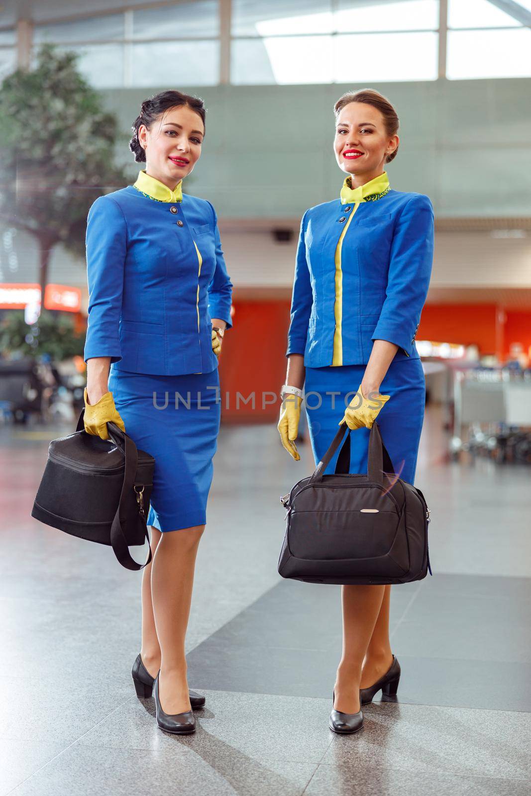 Flight attendants with travel bags standing in airport terminal by Yaroslav_astakhov
