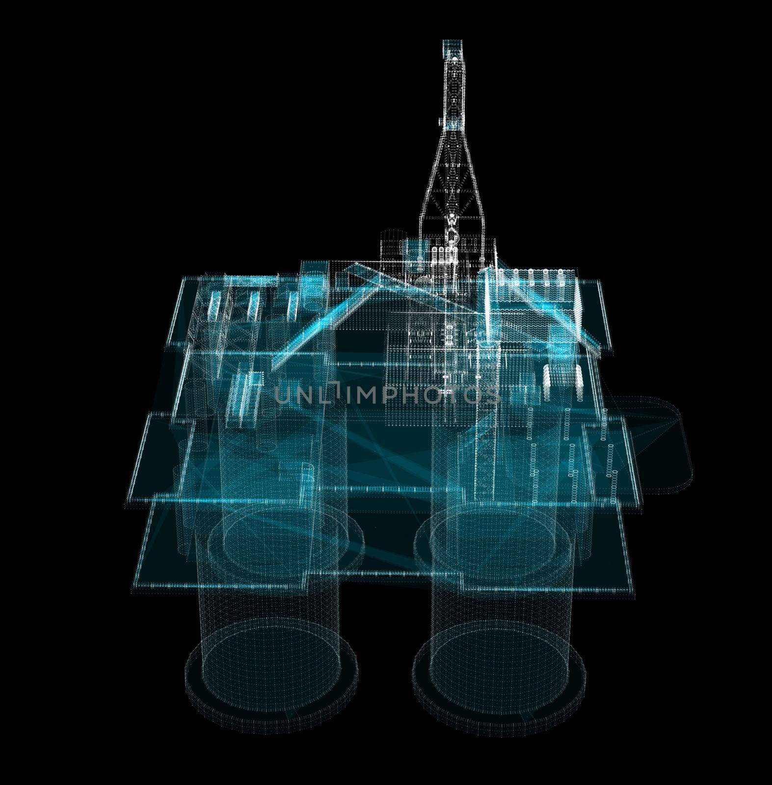 3d hologram of offshore oil platform of particles. 3d illustration