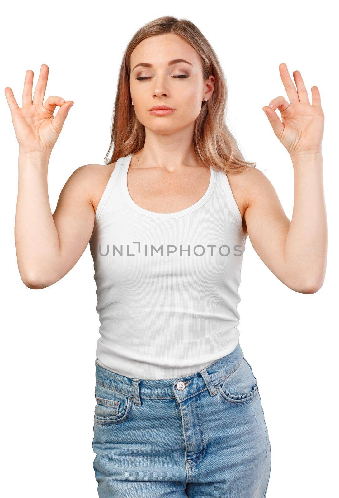 Young woman over isolated white background in zen pose, close up