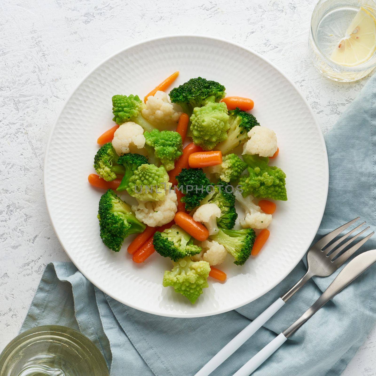 Mix of boiled vegetables. Broccoli, carrots, cauliflower. Steamed vegetables for low-calorie diet by NataBene