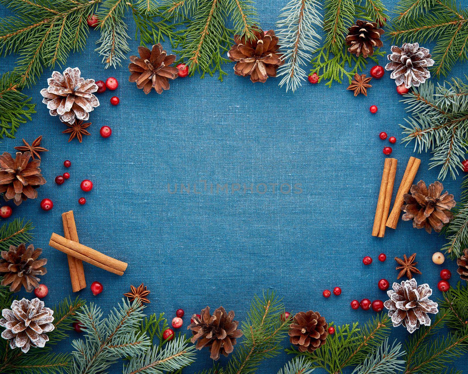 Christmas and Happy New Year dark blue background. Frame for recipe, menu with fir branches, cones, cranberry berries. Textile backdrop with copy space.