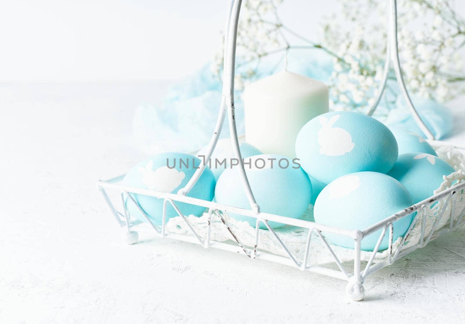 Easter. Holiday. Light white background, gentle pastel colors, side view, copy space by NataBene