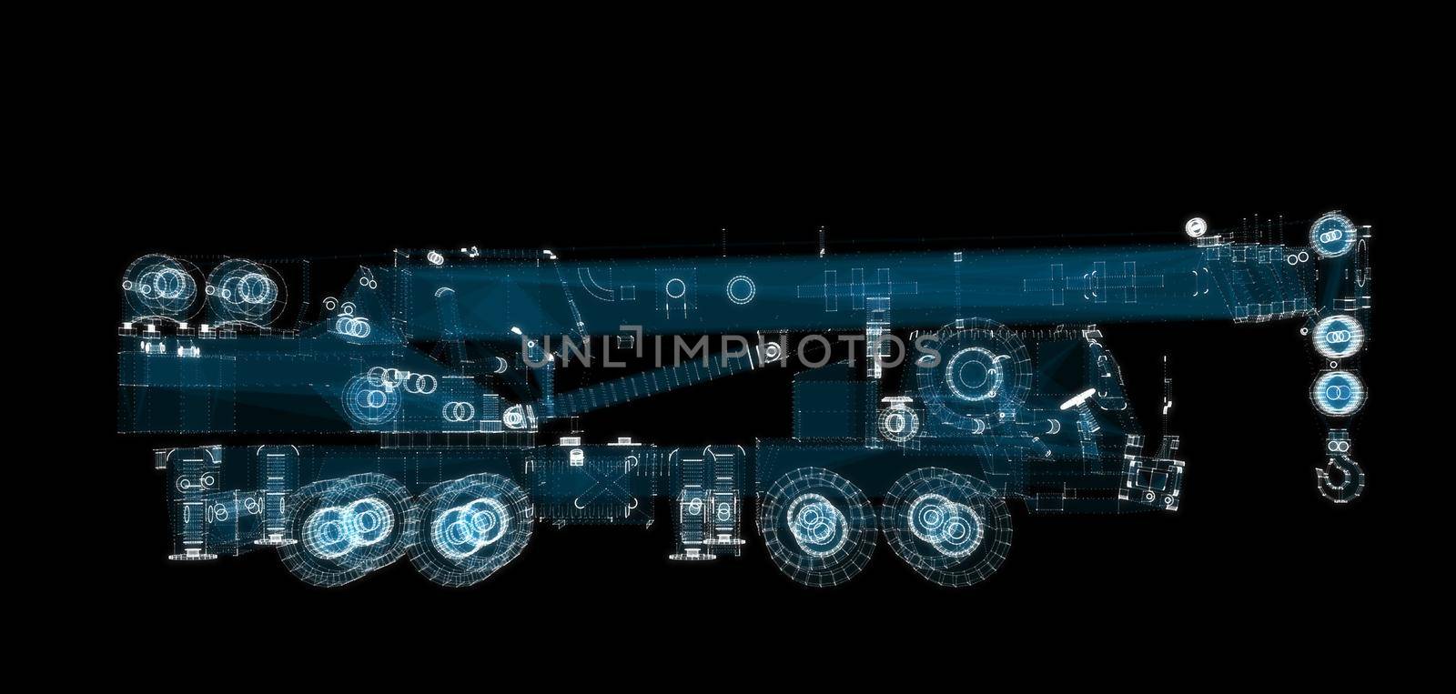 Digital Truck Crane Hologram. Transportation and Technology Concept by cherezoff