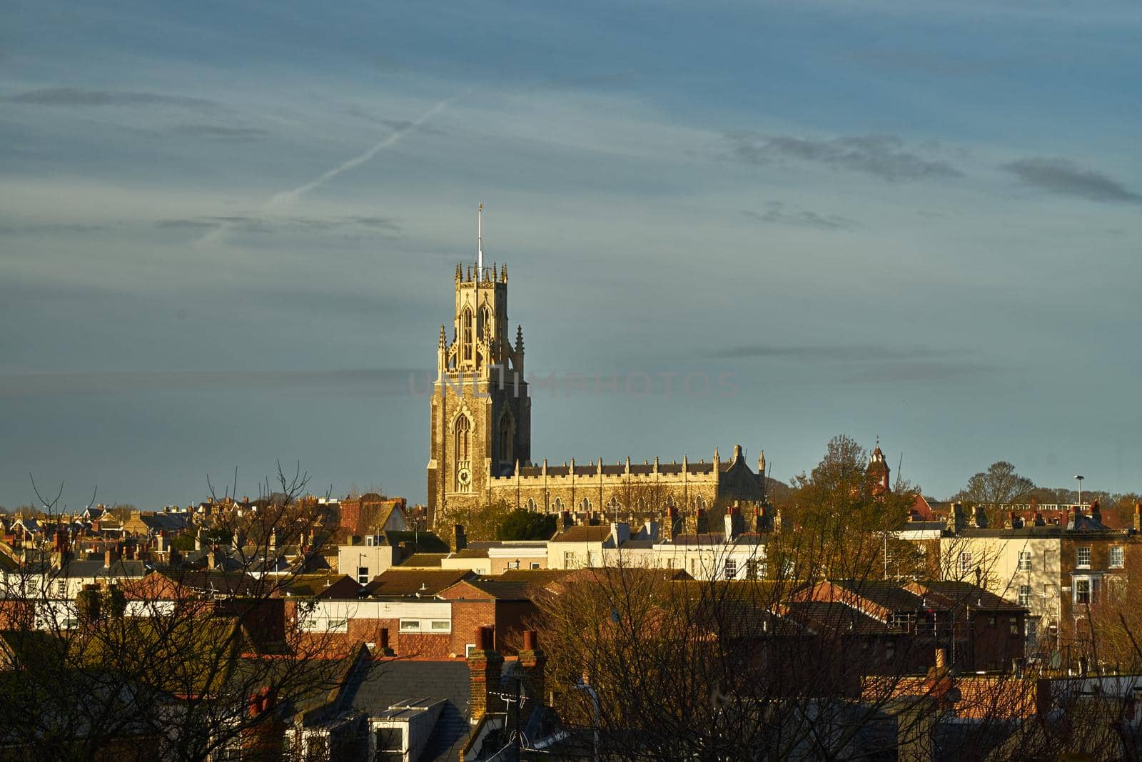 Morning sunlight hits the side of St Georges church on the Ramsgate skyline