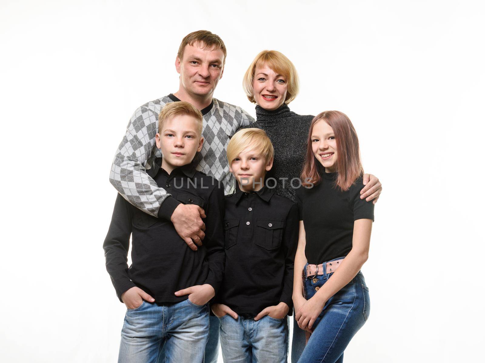 Happy adult large family of Slavic appearance in casual clothes, isolated on white background a