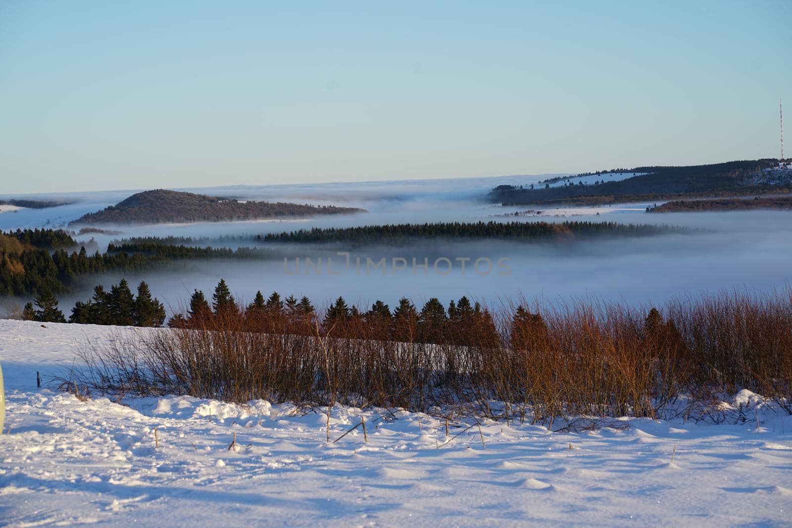 The concept of relaxing in the mountains in winter in the snow on skis, snowboards or sleds, walking under the setting sun at sunset on the Wasserkuppe mountain in Hesse Germany. High quality photo