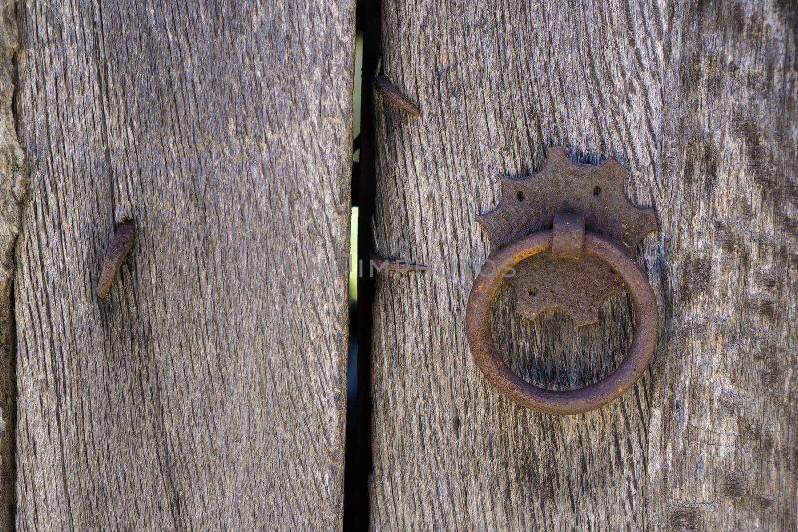Closeup of vintage doorknocker, wooden door, shallow depth of field