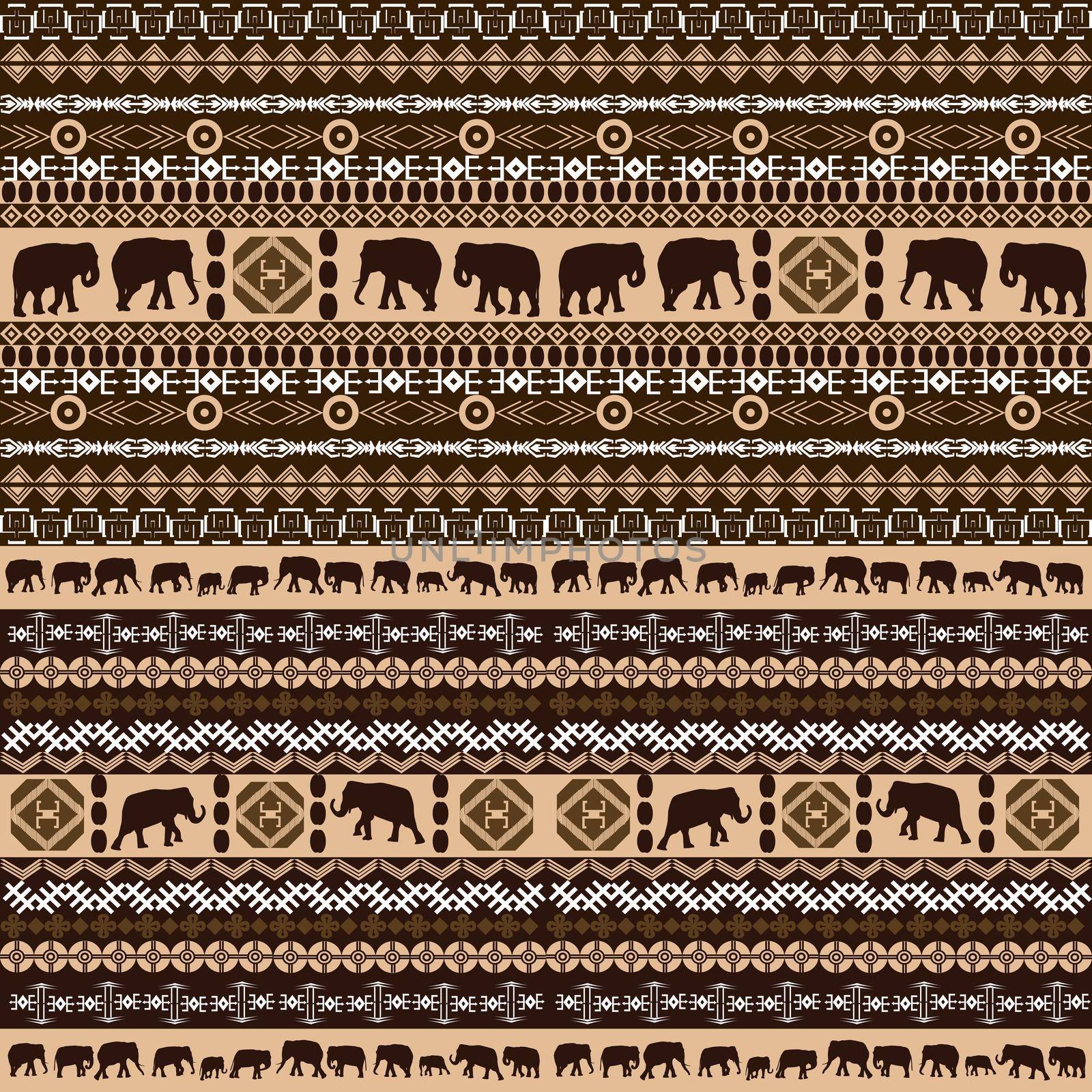 African symbols and motifs pattern with elephants silhouettes