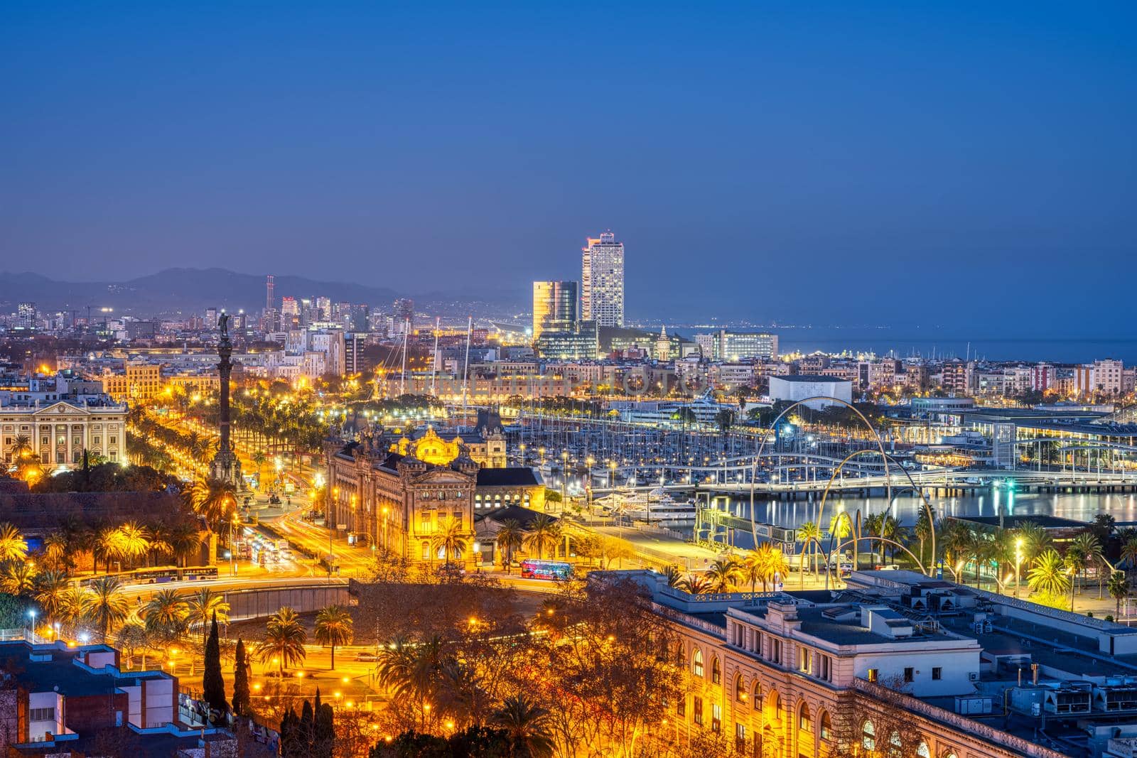 View of Barcelona with the Columbus Statue at night by elxeneize