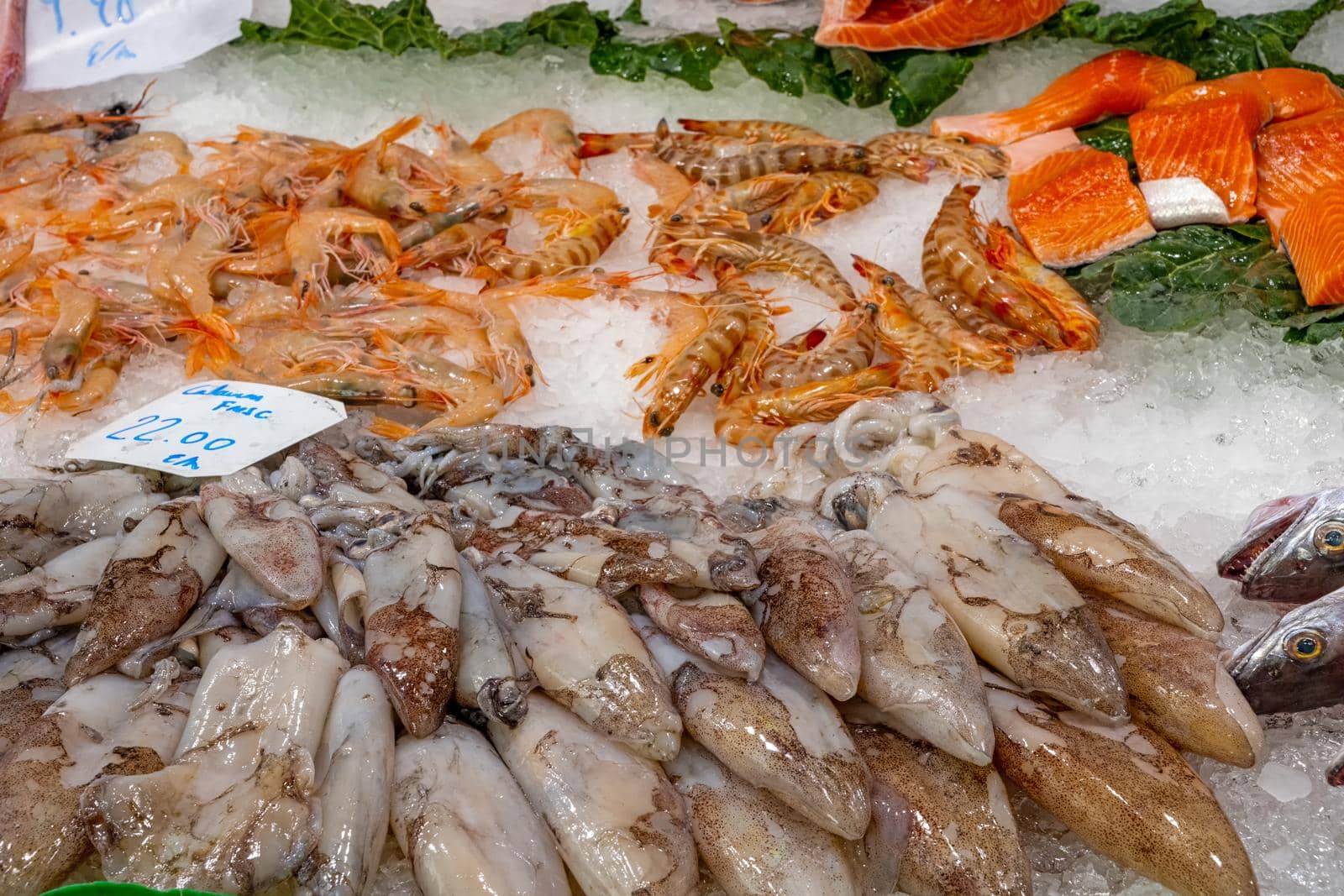 Squid, shrimps and salmon for sale at a market in Barcelona